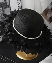 Japanese Style Elegant Beige Pearl Lace Petal Straw Hat