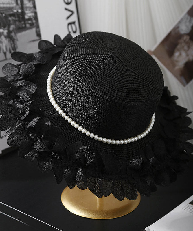 Japanese Style Elegant Beige Pearl Lace Petal Straw Hat