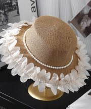 Japanese Style Elegant Beige Pearl Lace Petal Straw Hat