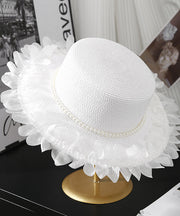 Japanese Style Elegant Beige Pearl Lace Petal Straw Hat