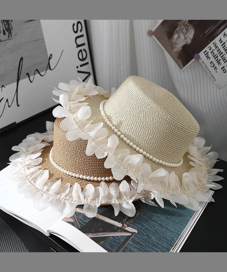 Japanese Style Elegant Beige Pearl Lace Petal Straw Hat