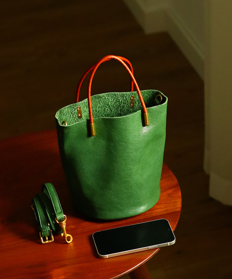 Japanese Style Green Calf Leather Bucket Bag