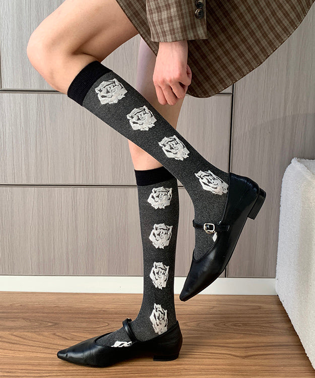 Japanese Style Grey Jacquard Over The Calf Socks
