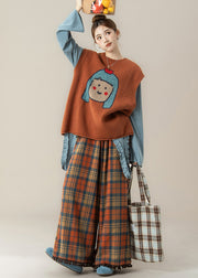 Japanese Style Orange O-Neck Cartoon Knitted Vest And T Shirt Pants Set Fall