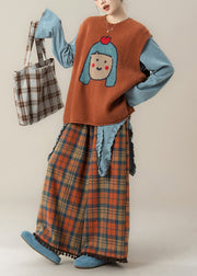 Japanese Style Orange O-Neck Cartoon Knitted Vest And T Shirt Pants Set Fall