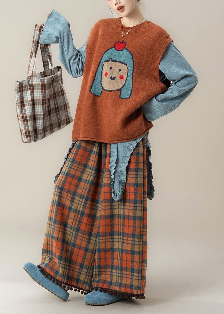 Japanese Style Orange O-Neck Cartoon Knitted Vest And T Shirt Pants Set Fall