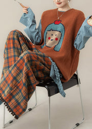 Japanese Style Orange O-Neck Cartoon Knitted Vest And T Shirt Pants Set Fall