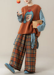 Japanese Style Orange O-Neck Cartoon Knitted Vest And T Shirt Pants Set Fall