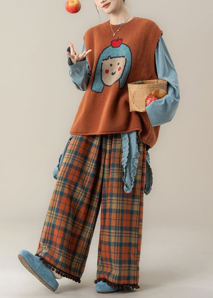 Japanese Style Orange O-Neck Cartoon Knitted Vest And T Shirt Pants Set Fall