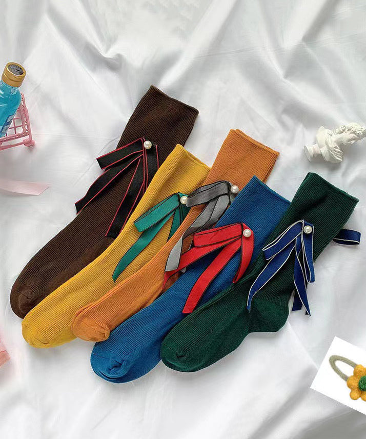 Japanese Style Pearl Bow Mid Calf Socks