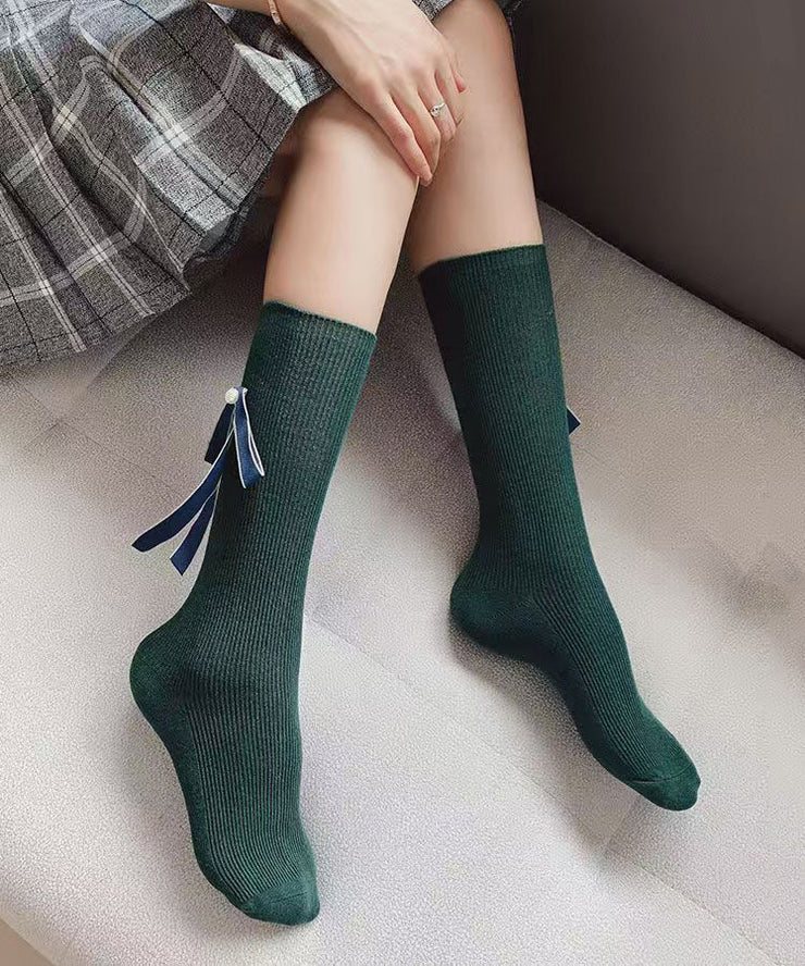 Japanese Style Pearl Bow Mid Calf Socks