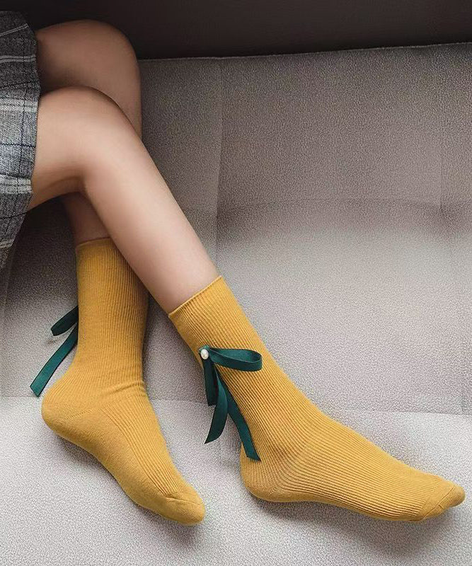 Japanese Style Pearl Bow Mid Calf Socks