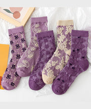 Japanese Style Versatile Purple Jacquard Mid Calf Socks Autumn