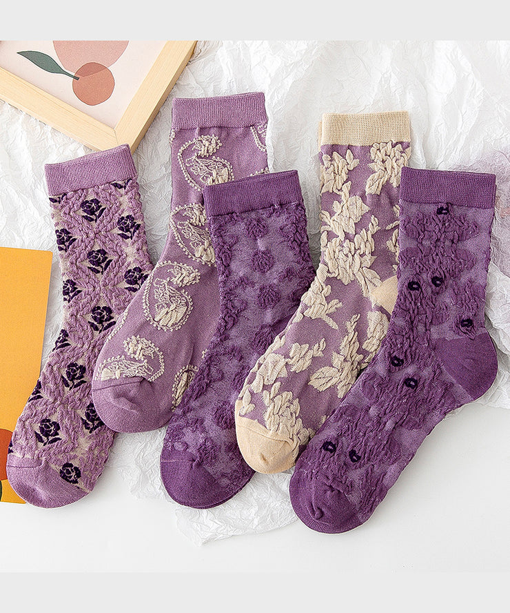 Japanese Style Versatile Purple Jacquard Mid Calf Socks Autumn