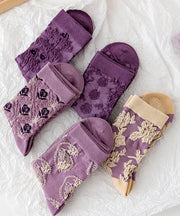 Japanese Style Versatile Purple Jacquard Mid Calf Socks Autumn