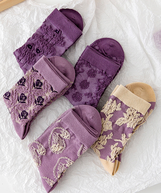 Japanese Style Versatile Purple Jacquard Mid Calf Socks Autumn
