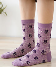 Japanese Style Versatile Purple Jacquard Mid Calf Socks Autumn