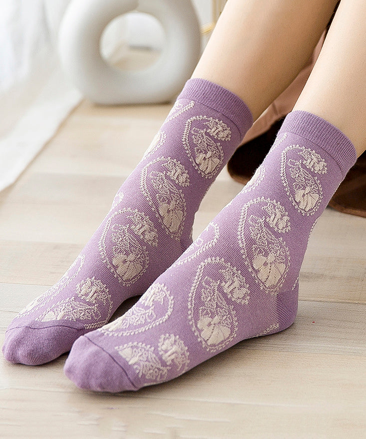 Japanese Style Versatile Purple Jacquard Mid Calf Socks Autumn