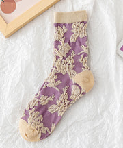 Japanese Style Versatile Purple Jacquard Mid Calf Socks Autumn