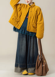 Japanese Yellow Stand Collar Fine Cotton Filled Jacket T Shirt And Wide Leg Pants Set