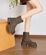 Khaki Boots Chunky Faux Leather Women Splicing Zippered