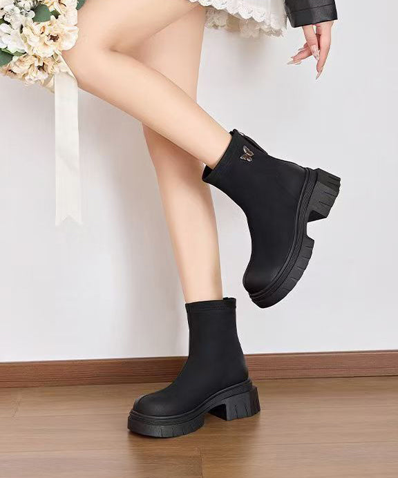 Khaki Boots Chunky Faux Leather Women Splicing Zippered