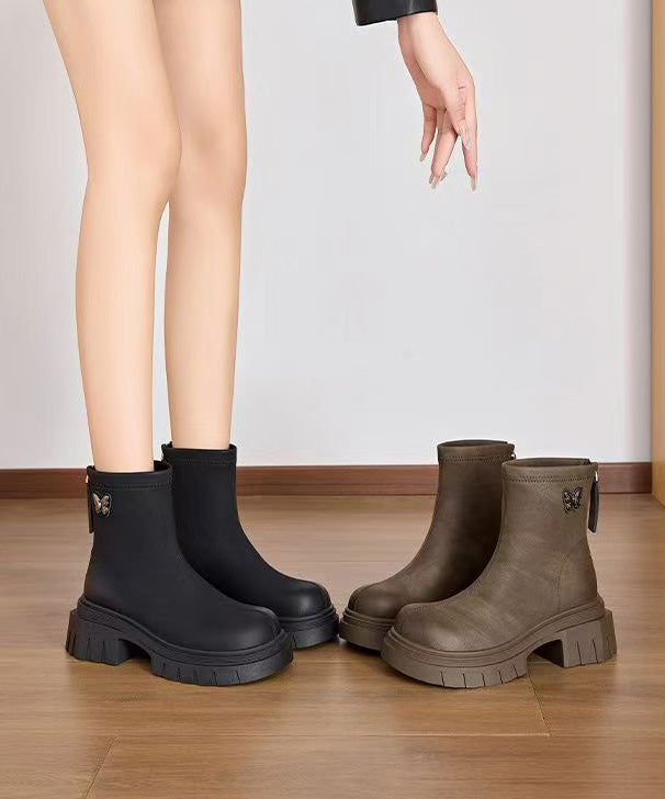 Khaki Boots Chunky Faux Leather Women Splicing Zippered