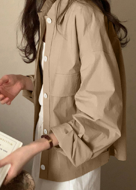 Khaki Button Pockets Cotton Fall Coats Peter Pan Collar