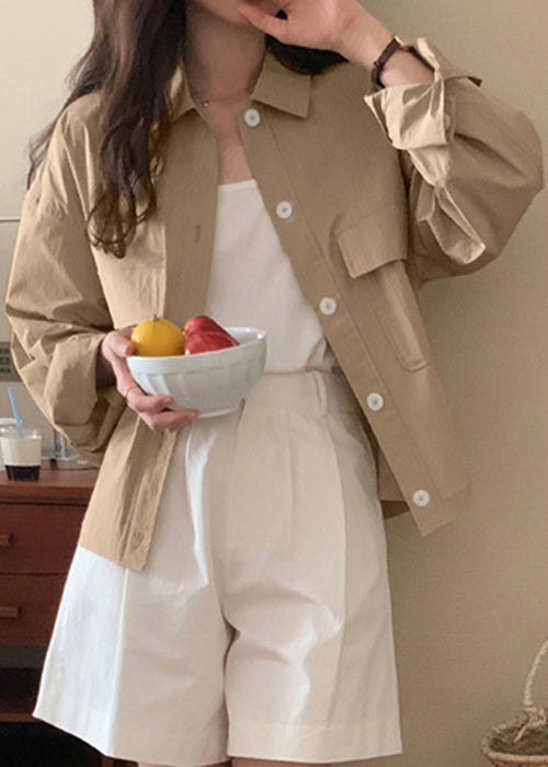 Khaki Button Pockets Cotton Fall Coats Peter Pan Collar