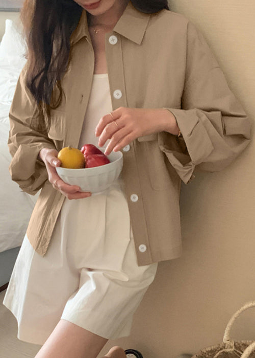 Khaki Button Pockets Cotton Fall Coats Peter Pan Collar