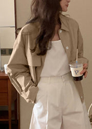 Khaki Button Pockets Cotton Fall Coats Peter Pan Collar