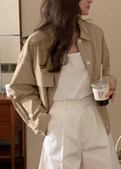 Khaki Button Pockets Cotton Fall Coats Peter Pan Collar