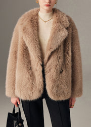 Khaki Button Pockets Leather And Fur Winter Coat Notched