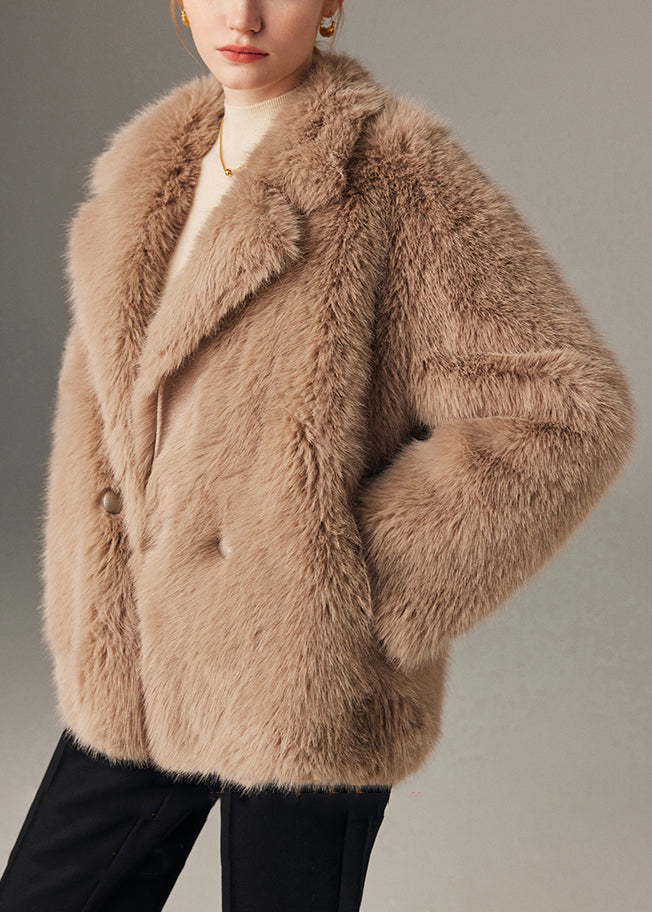 Khaki Button Pockets Leather And Fur Winter Coat Notched