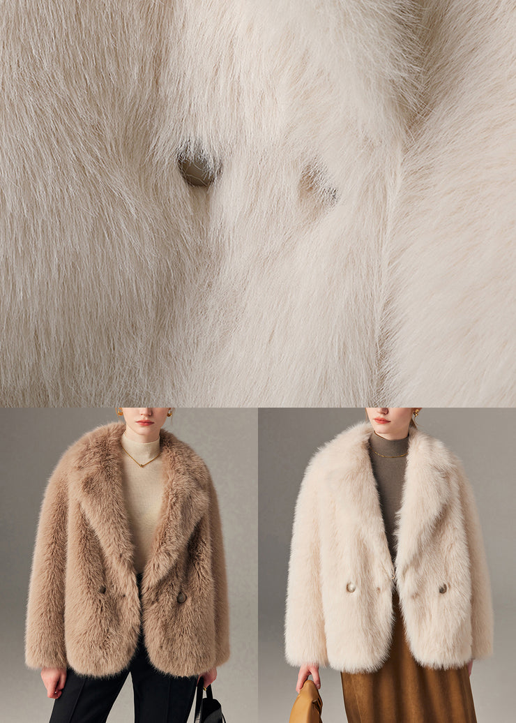 Khaki Button Pockets Leather And Fur Winter Coat Notched