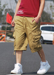 Khaki Button Solid Cotton Summer Mens Crop Pants Pockets