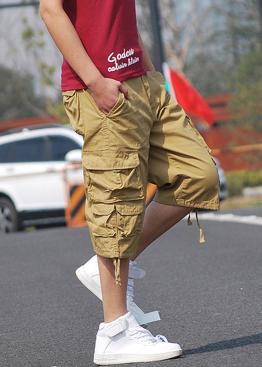 Khaki Button Solid Cotton Summer Mens Crop Pants Pockets