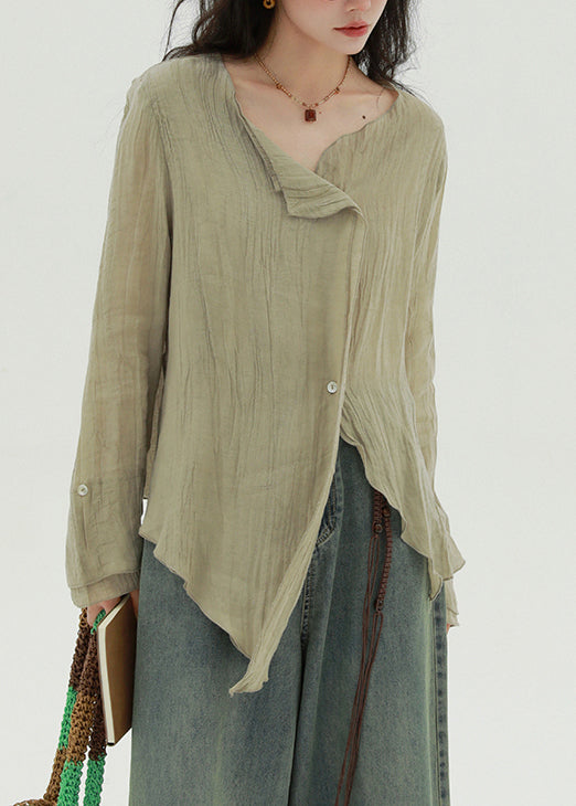 Khaki Button Solid Linen Fall Blouse Asymmetrical