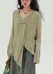 Khaki Button Solid Linen Fall Blouse Asymmetrical