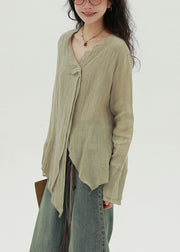 Khaki Button Solid Linen Fall Blouse Asymmetrical
