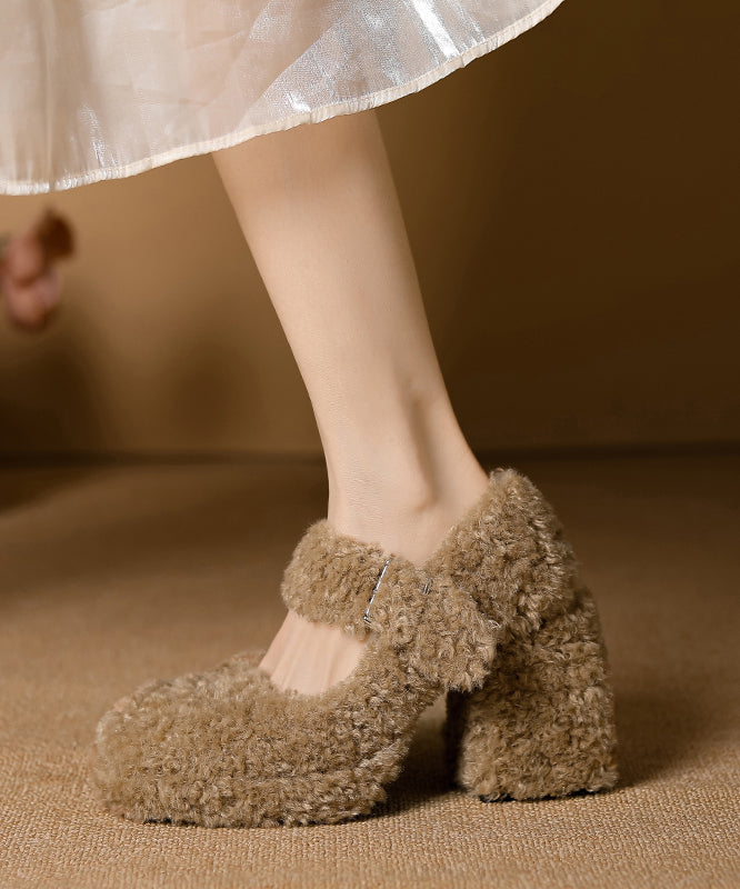 Khaki Chunky Buckle Strap Faux Fur Beautiful Splicing High Heels