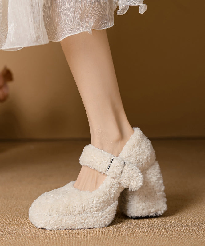 Khaki Chunky Buckle Strap Faux Fur Beautiful Splicing High Heels