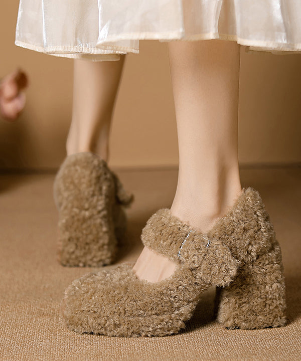 Khaki Chunky Buckle Strap Faux Fur Beautiful Splicing High Heels