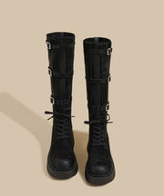 Khaki Chunky Suede Fitted Splicing Lace Up Buckle Strap Boots