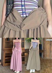 Khaki Cold Shoulder Wrinkled Maxi Dresses Sleeveless