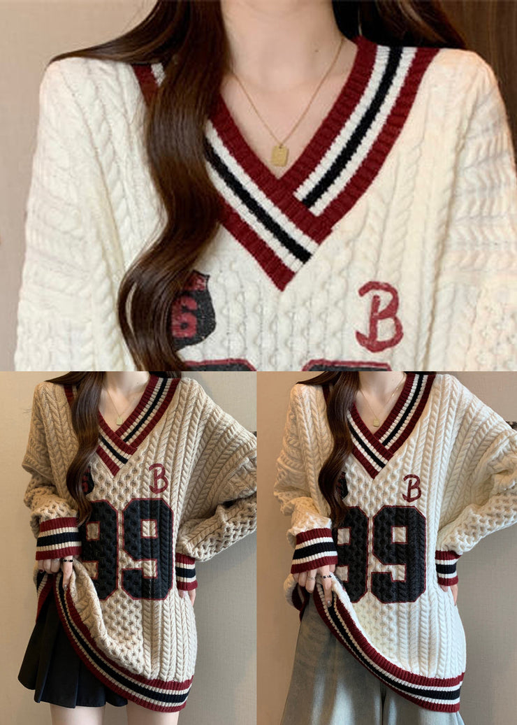 Khaki Embroidered Cable Knit Sweater Oversized Fall