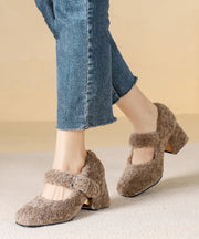 Khaki Faux Fur Splicing Chunky High Heels Buckle Strap