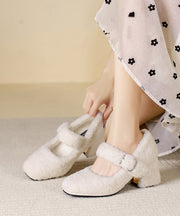 Khaki Faux Fur Splicing Chunky High Heels Buckle Strap