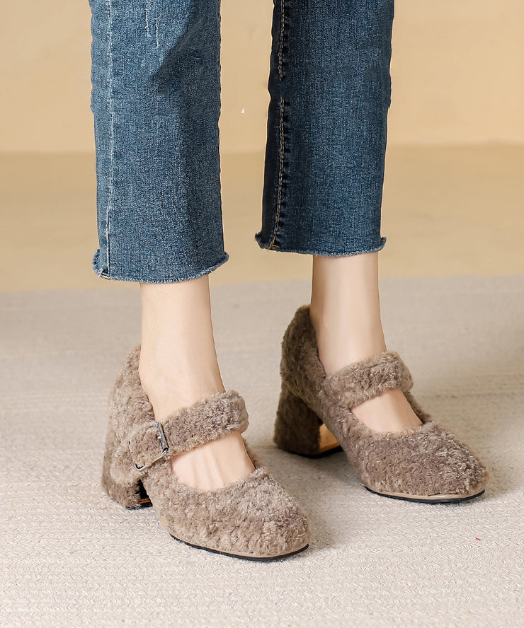 Khaki Faux Fur Splicing Chunky High Heels Buckle Strap