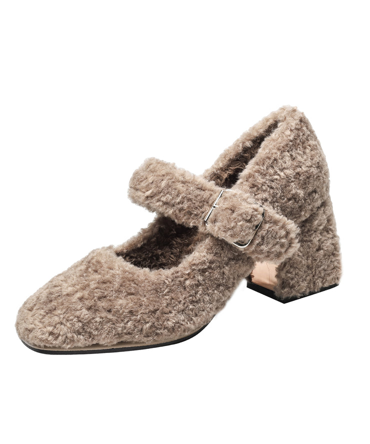 Khaki Faux Fur Splicing Chunky High Heels Buckle Strap